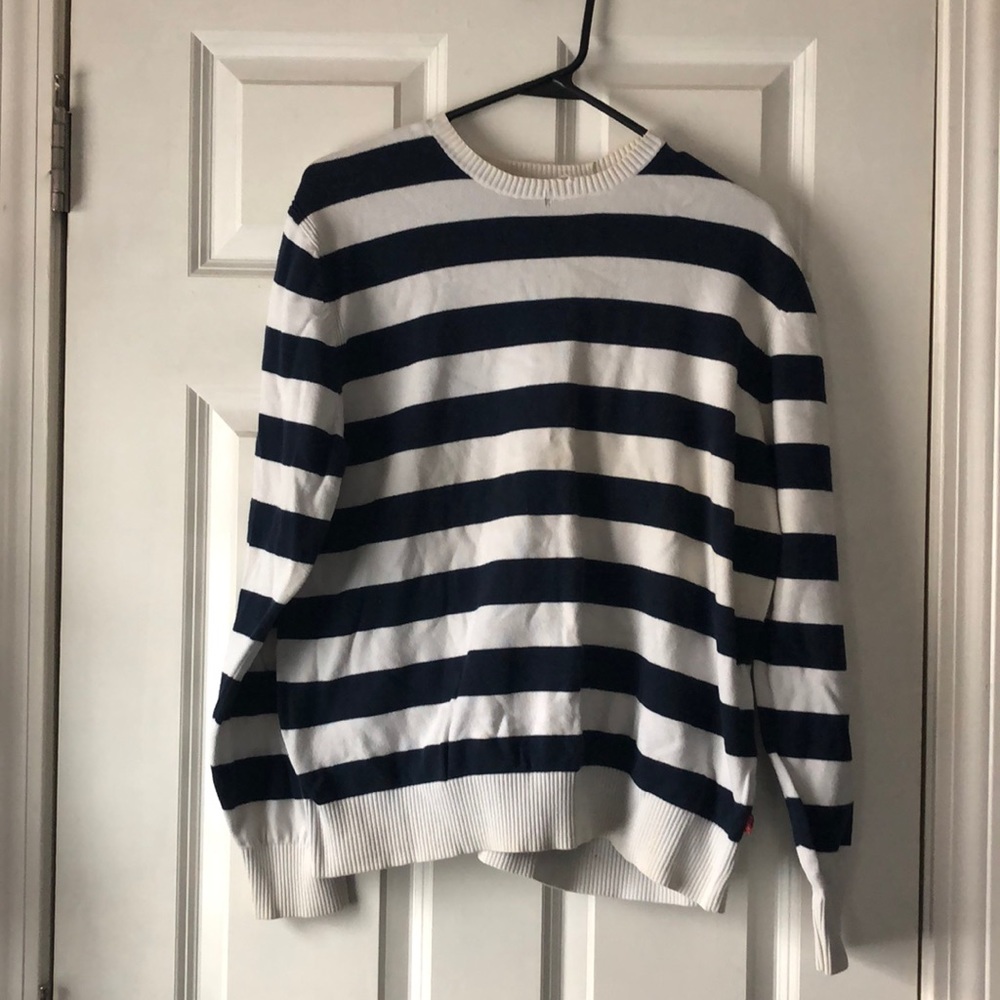 navy blue and white striped long sleeve